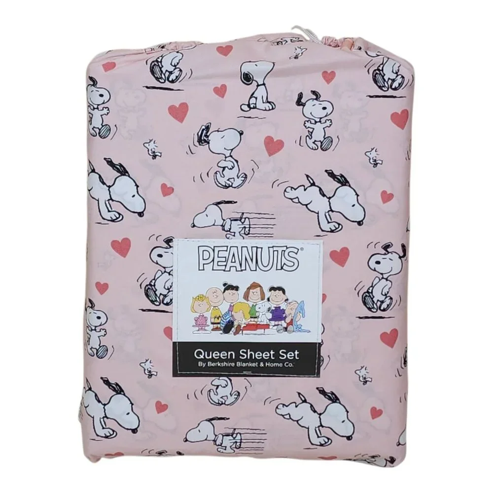 Peanuts Snoopy Queen Sheet Set By Berkshire Pink With Hearts Valentines Day - Picture 2 of 7